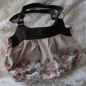 Vintage Chic Brown and Cream Fabric Shoulder Bag with Floral Design